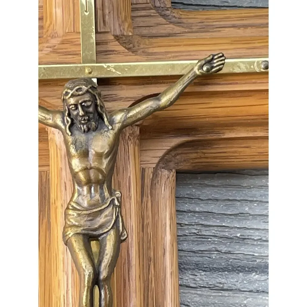 Vintage Wood Crucifix Wall Cross 16” Oak Ridged Brass Corpus Christi “INRI”